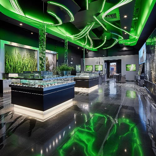 The interior of a marijuana dispensary store with green lighting.