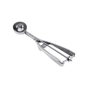 A metal small cookie scooper on a white background.