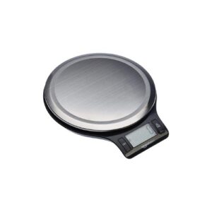 A stainless steel kitchen scale on a white background.