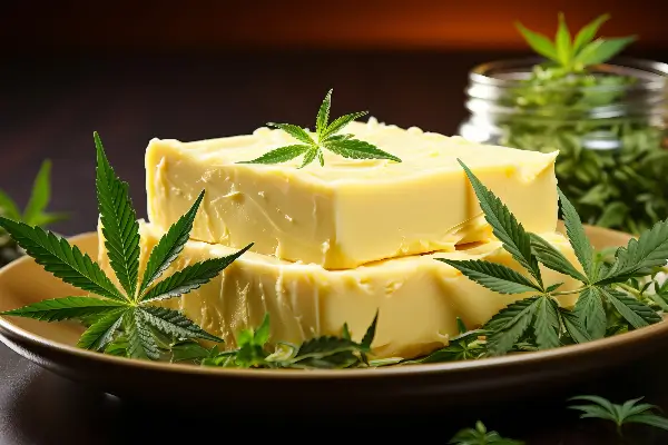 Creamy yellow Butter on a plate with green cannabis leaves ready to make cannabis infused butter.