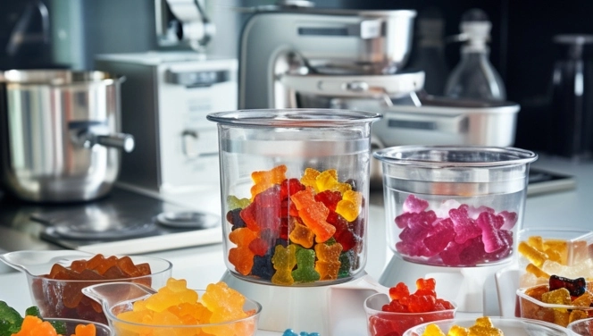 Equipment needed for infused FECO gummies in the background with RSO gummies stored in a container on the foreground