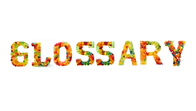 The word Glossary, made of rso gummy bears