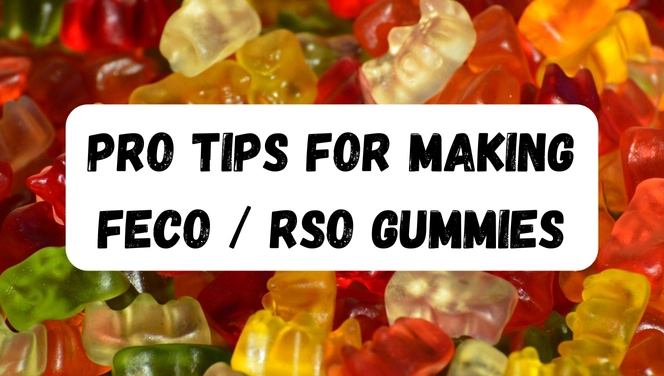 Pro tips for making FECO and RSO gummy bears, against a background of gummy bears