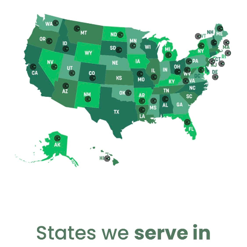Cannabiz collects- debt collection services map of the states we serve in.