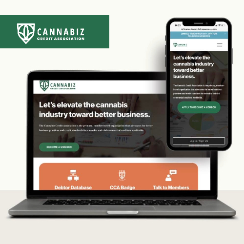 Cannabiz Credit Association membership platform view pulled up on laptop and phone.
