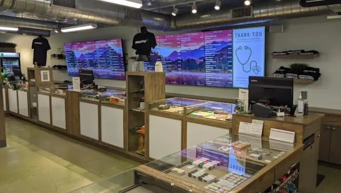 Display cases filled with various cannabis products inside From The Earth Dispemsary in Port Hueneme, CA.