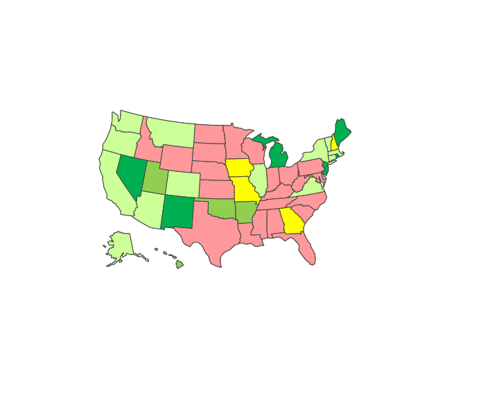 United States map of where Illinois medical cannabis reciprocity laws exist, and cards accepted