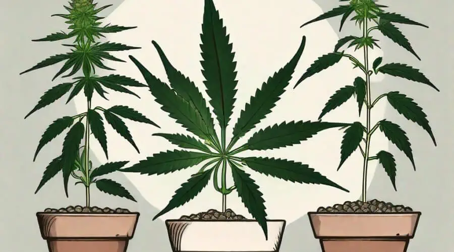 A cannabis plant in different stages of growth grown from autoflower seeds