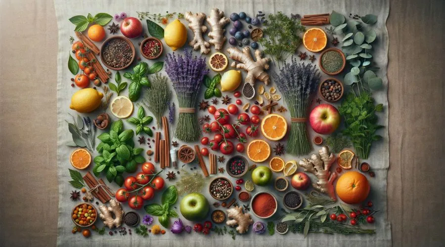  A realistic and diverse still-life rectangular composition featuring an array of spices, herbs, and a selection of vegetables and fruits mixed with marijuana depicting terpenes.