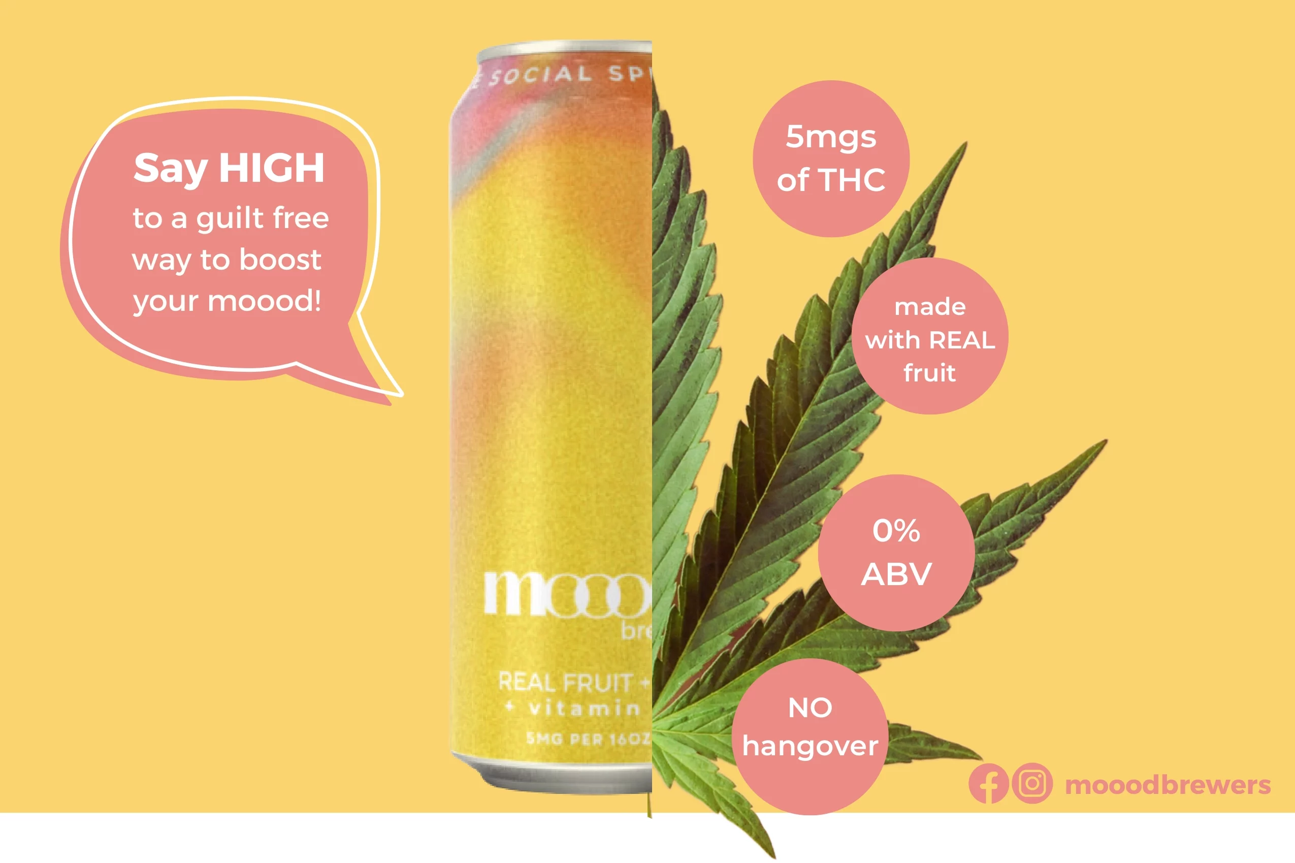 Mood Brews infographic that says "Say High to a guilt free way to boost your mood!" 

5mg of THC
Made with real fruit
0% ABV
No Hangover