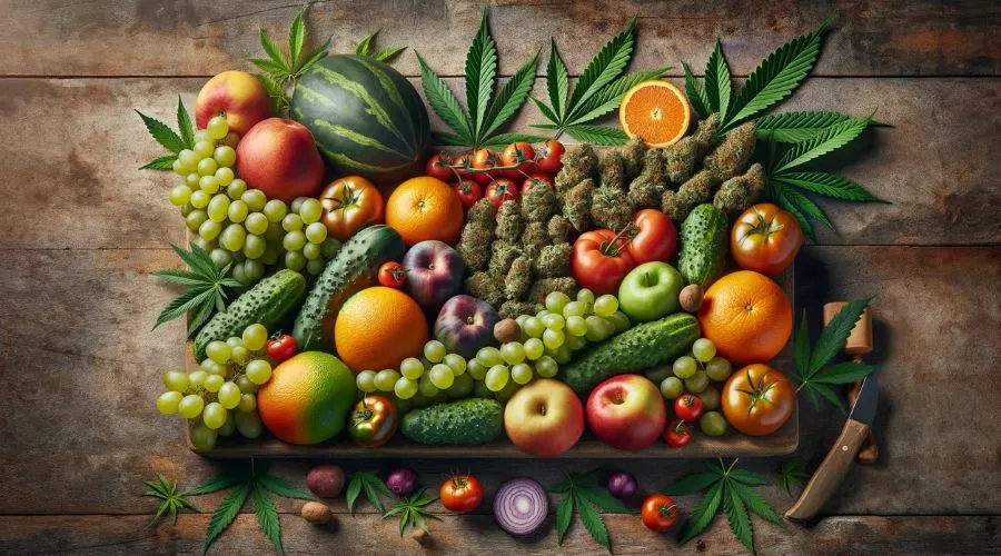 Realistic and detailed rectangular still-life scene that focuses on herbs and cannabis. Includes an assortment of weed leaves, tomatoes, cucumbers, grapes, oranges and more. 
