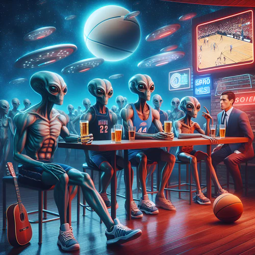 Aliens and a human sitting at a bar with sports and spaceships displayed on screens, set in a futuristic environment.