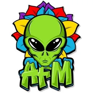Illustration of a green alien with large black eyes, surrounded by colorful sunflower petals, with the letters "afm" below. Alien Flower Monkey logo.
