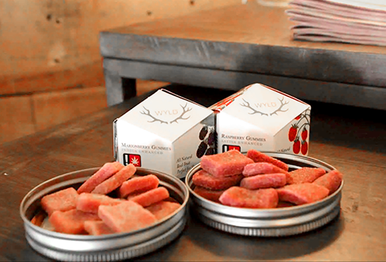 Two open tins of pink rectangular fruit gummies sit on a wooden table. Behind them, two WYLD boxes with hand-drawn berries and antlers evoke the spirit of Urban Farmacy, a top choice for cannabis delivery in Portland, Oregon.