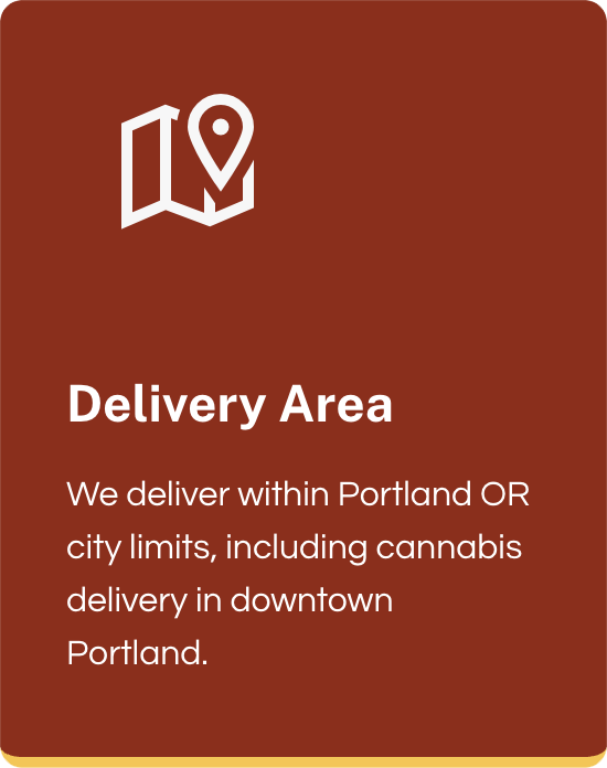 A maroon card displays a white map and location pin icon above the heading "Delivery Area." Below, text reads: "Urban Farmacy offers cannabis delivery within Portland Oregon city limits, including downtown Portland." The card has rounded corners.