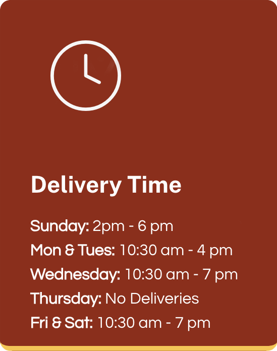 A brown sign with a clock icon at the top. Below, bold text reads “Delivery Time”—Urban Farmacy Cannabis Delivery in Portland: Sunday 2–6pm, Mon & Tues 10:30am–4pm, Wed & Fri-Sat 10:30am–7pm, Thurs no deliveries.