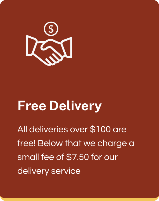 A brown card shows a white handshake icon with a dollar sign above it. Text below reads: "Free Delivery. All cannabis delivery orders over $100 from Urban Farmacy in Portland Oregon are free! Otherwise, a small $7.50 delivery fee applies.