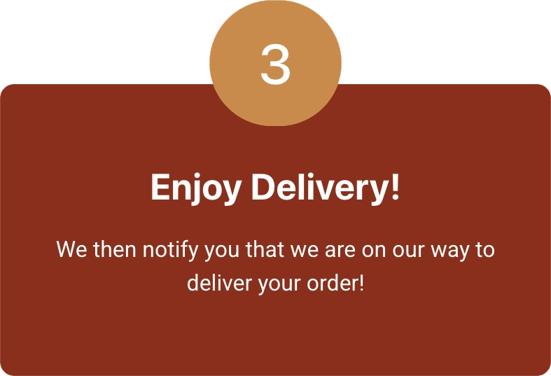 A brown rectangle with a tan circle at the top containing the number 3. Below, bold white text reads “Enjoy Delivery!” and smaller white text says, “Urban Farmacy will notify you when we’re on our way with your cannabis delivery in Portland!”.