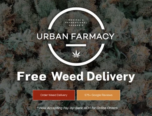 Urban Farmacy Background of dense cannabis buds with the Urban Farmacy logo in a white circle at center. Text reads: “Free Weed Delivery” in Portland. Red and orange buttons below for ordering and Google reviews. Now accepting pay-by-bank ACH for cannabis delivery orders.