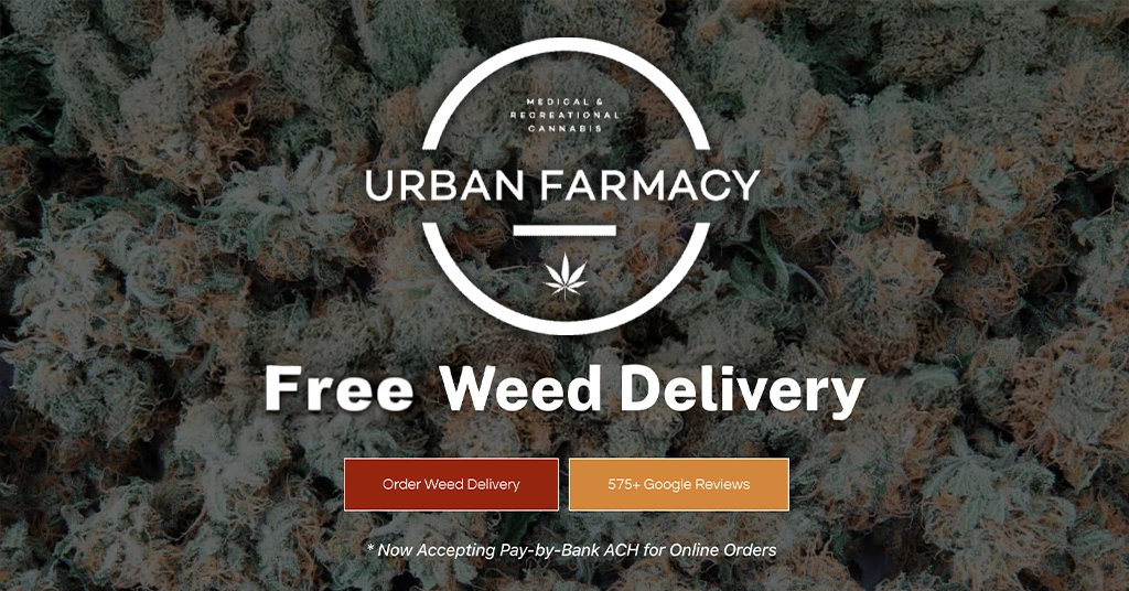 Urban Farmacy Background of dense cannabis buds with the Urban Farmacy logo in a white circle at center. Text reads: “Free Weed Delivery” in Portland. Red and orange buttons below for ordering and Google reviews. Now accepting pay-by-bank ACH for cannabis delivery orders.