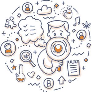 Cartoon person holding a target with a heart in the center, surrounded by doodles: thought bubble with checklist, puzzle piece, magnifying glass, cloud, coffee cup, beaker, music note, notepad, and user icons, all in orange and blue.