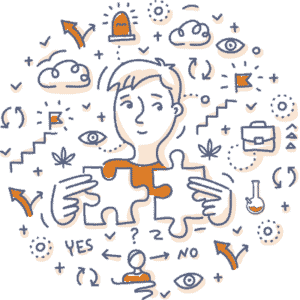 Colorful line art illustration of a person fitting two puzzle pieces together, surrounded by icons like eyes, brains, staircases, leaves, a beaker, arrows, check marks, an office briefcase, and question marks, symbolizing problem-solving and decision-making.