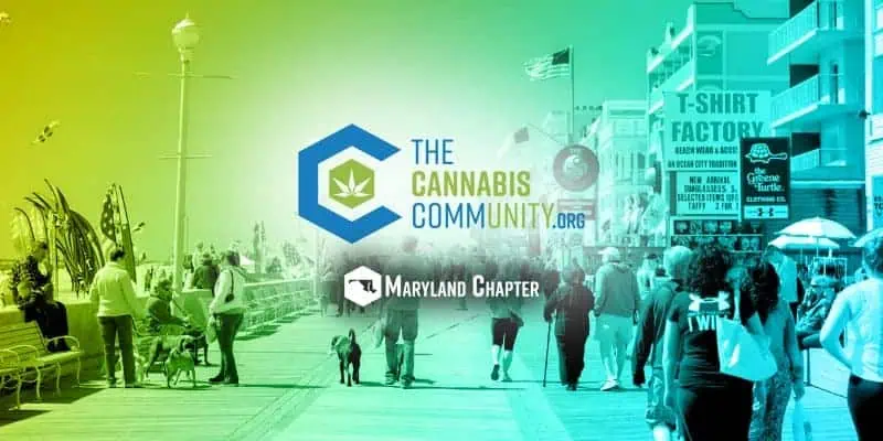 A colorful, green-yellow-blue gradient image of a busy boardwalk with people walking and dogs. Overlay text reads “The Cannabis Community.org Maryland Chapter” with cannabis leaf and Maryland icon logos. Signs for shops, including a T-shirt factory, are visible.