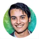 A young man with short dark hair smiles at the camera. He is wearing a dark jacket over a white shirt. The background is a circular gradient of green and blue tones, giving a vibrant and friendly appearance.
