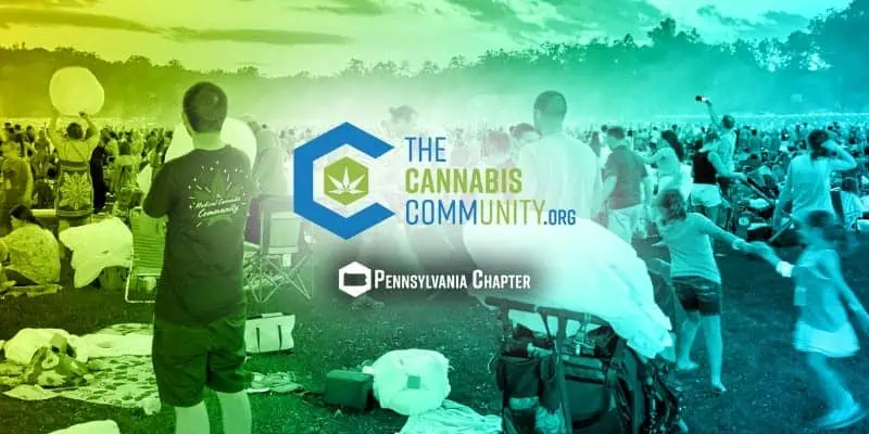 A large outdoor crowd gathers on a grassy field, some seated and some standing. The foreground features people with bags and strollers. The image has a green and yellow gradient overlay and displays "The Cannabis Community.org Pennsylvania Chapter" logo in the center.