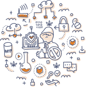 A circular illustration features a hooded hacker at a laptop, surrounded by icons of locks, shields, files, magnifying glasses, beakers, check marks, bugs, and network lines, all representing cybersecurity concepts in orange and purple.