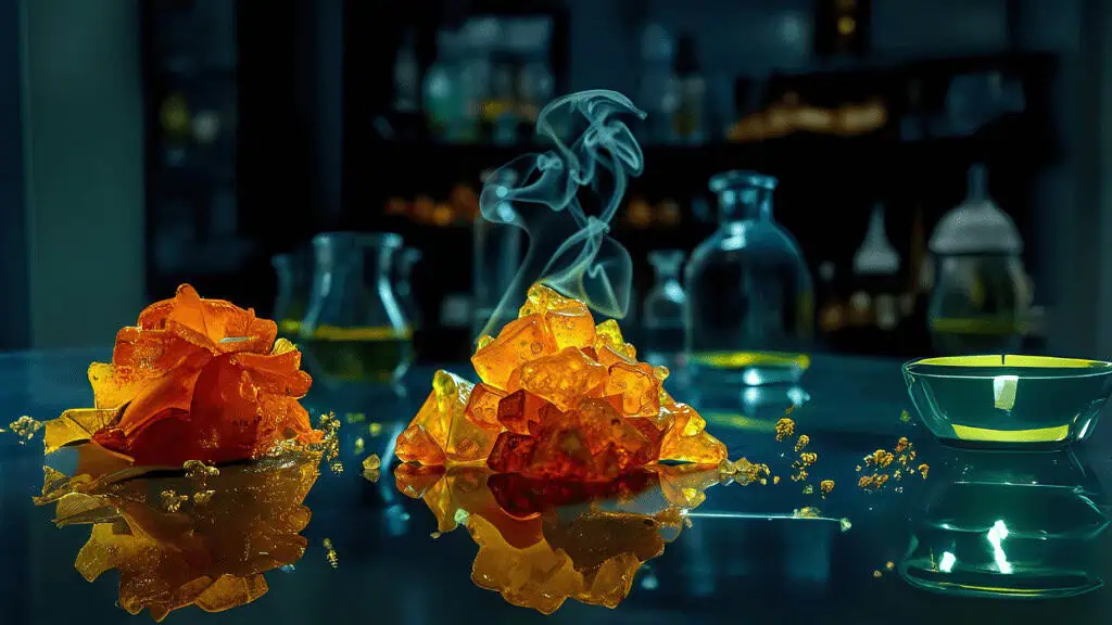 Two clusters of vibrant amber and orange crystals rest on a reflective surface, with wisps of smoke rising from one cluster. In the background, glass bottles with yellow-green liquid and a green candle create a moody, laboratory-like atmosphere.