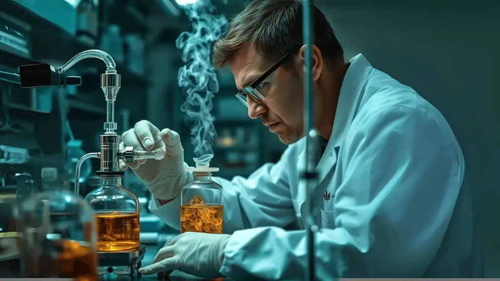 A scientist in a white lab coat and gloves works intently with glassware containing orange liquid in a laboratory. He adjusts laboratory equipment, while swirling vapor rises from one of the bottles, indicating an active chemical reaction.
