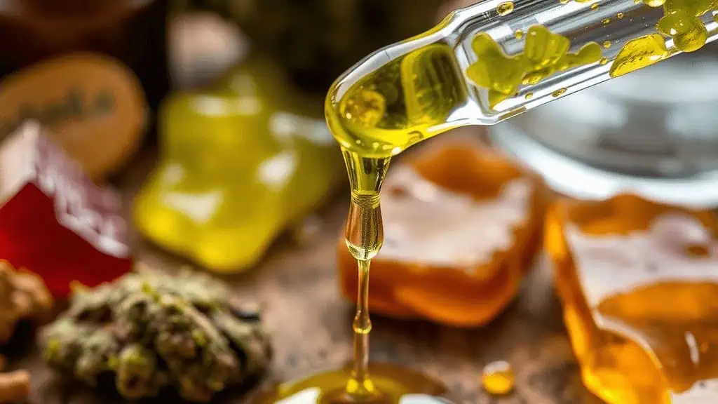 A close-up of a glass dropper releases a golden-yellow oil, with a droplet forming at the tip. In the blurred background are colorful gummy candies and what appears to be dried green cannabis plant material on a wooden surface.