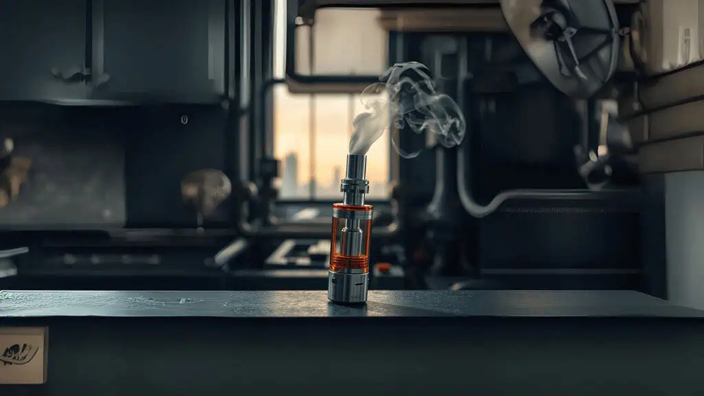 A vape device with a clear tank filled with orange liquid sits on a dark countertop. White vapor rises from its top. The background shows a modern kitchen with industrial elements, metallic fixtures, and soft natural light from a window.