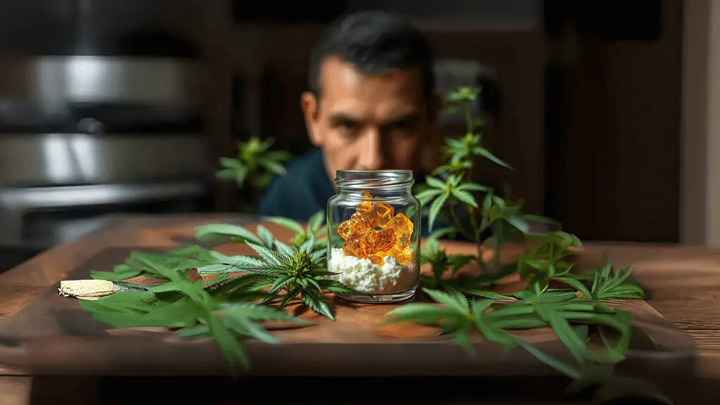 A man intently observes a glass jar filled with amber cannabis live resin concentrate and white crumble, placed on a wooden surface surrounded by fresh cannabis leaves, with a blurred kitchen background.