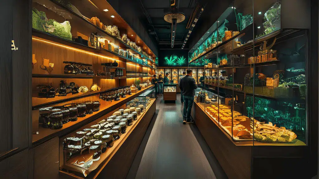 A modern, dimly lit natural history museum exhibit with glass cases displaying rocks, minerals, crystals, and fossils on wooden shelves. Several visitors observe the specimens, and the shelves are illuminated with warm and green accent lighting.