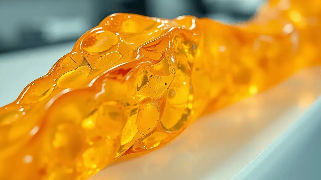 A close-up of a glossy, translucent orange live resin substance with bubble-like shapes inside, stretching along a white surface. The material appears gelatinous and organic, reflecting light and featuring a smooth, undulating texture.