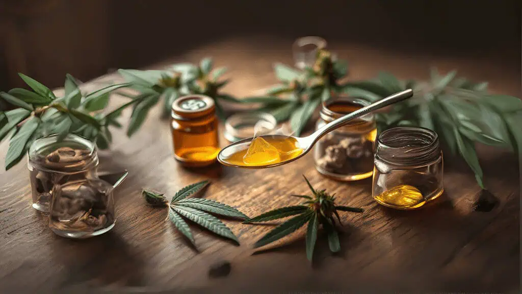 A wooden table displays small glass jars with amber liquid, a metal spoon holding golden live rosin syrup, and several cannabis leaves. The scene is softly lit, highlighting the vibrant green leaves and rich, translucent honey tones of the liquid.