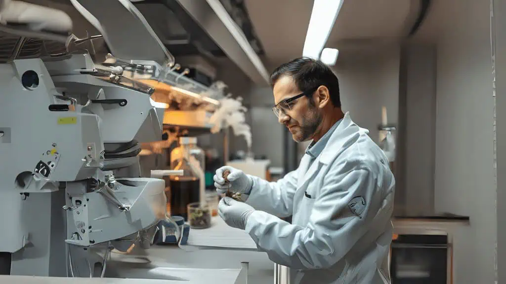 A scientist in a white lab coat and glasses works on extracting live rosin in a modern laboratory, using instruments on a workbench. The lab is well lit, with various scientific equipment and shelves visible in the background.
