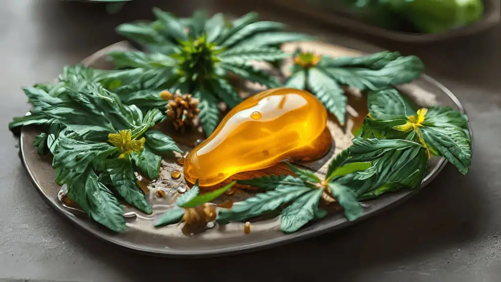 A plate displays a glossy, amber-colored piece of live rosin surrounded by fresh green cannabis leaves, yellow flowers, and small nuts, arranged artistically on a neutral-toned surface.