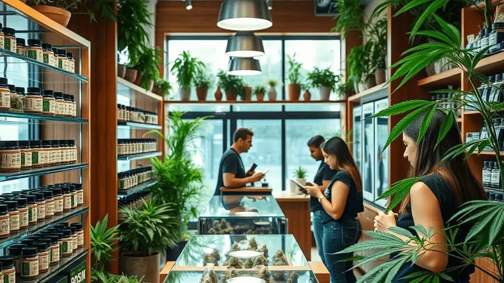 A modern cannabis dispensary interior with glass display cases of cannabis buds, shelves lined with jars, and green potted plants. Three customers and a staff member interact; all wear casual attire. Large windows let in natural light, creating a bright, inviting space.