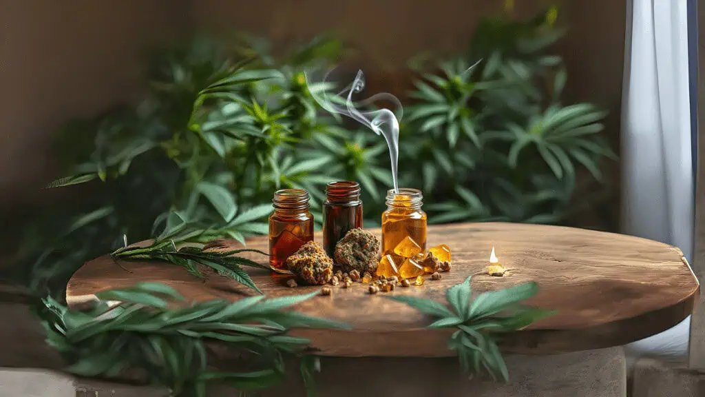 Three glass jars with amber live rosin, cannabis buds, and golden rosin sit on a wooden surface, surrounded by green cannabis leaves. Smoke rises from one jar, and a small flame burns nearby. Lush green plants and soft sunlight fill the background.