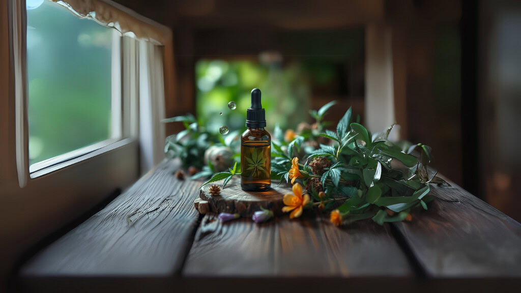 A brown glass dropper bottle sits on a wooden table beside fresh green cannabis leaves and yellow flowers. Sunlight streams through a window, creating a serene, natural atmosphere with blurred greenery in the background.