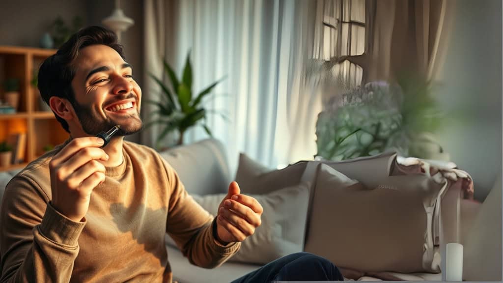 A smiling man sits on a beige couch near a window, using an electric razor to shave. Sunlight streams through sheer curtains, illuminating indoor plants and creating a warm, cozy atmosphere in the living room.