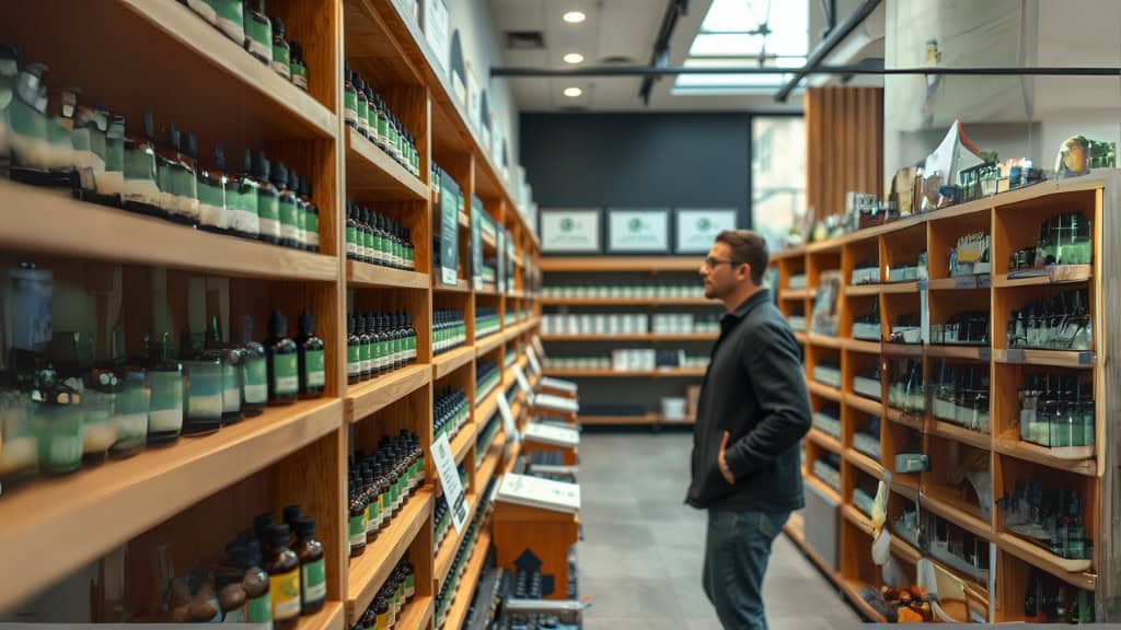 A man in a dark jacket stands in a brightly lit store aisle lined with wooden shelves, examining rows of glass bottles and skincare products. The shop has a modern, organized layout with natural light coming through large windows above.