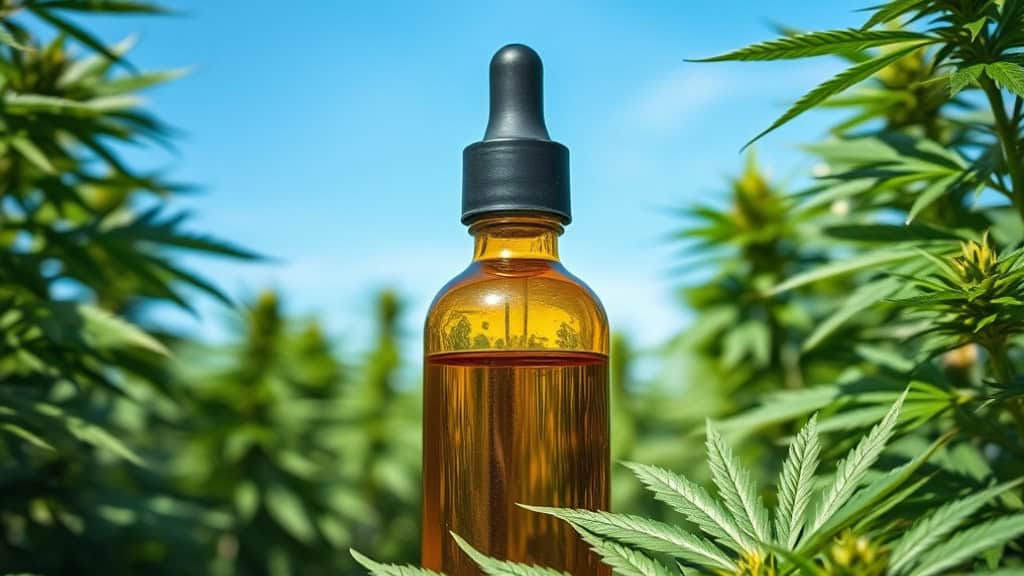 A brown glass dropper bottle filled with oil stands upright among lush green cannabis plants under a bright blue sky, suggesting a natural extract or CBD oil product derived from cannabis.