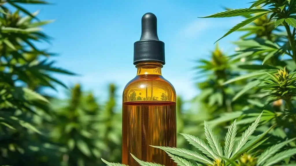 A brown glass dropper bottle filled with oil stands upright among lush green cannabis plants under a bright blue sky, suggesting a natural extract or CBD oil product derived from cannabis.