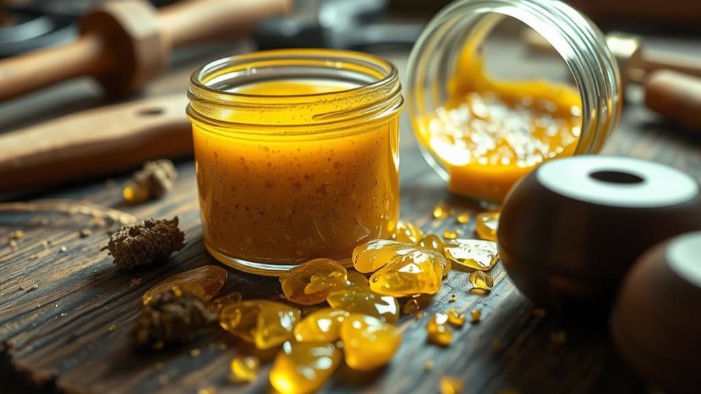 A glass jar filled with golden beeswax polish sits open on a wooden surface, with scattered wax chunks in front. Another jar lies on its side, spilling wax. Wooden tools are blurred in the background, suggesting a workshop setting. Warm lighting highlights the scene.