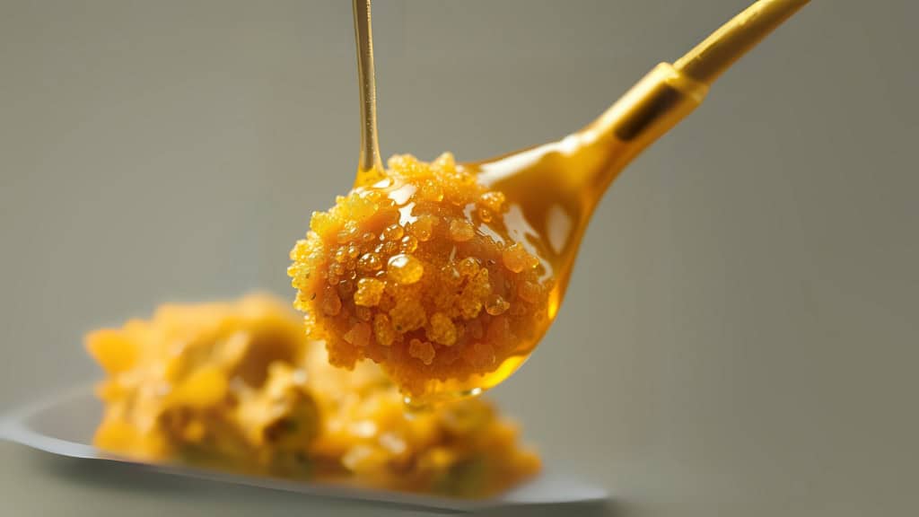 A golden spoon holds bright orange fish roe, glistening with tiny beads and a glossy, oily coating. The background is softly blurred, highlighting the vivid colors and texture of the roe.