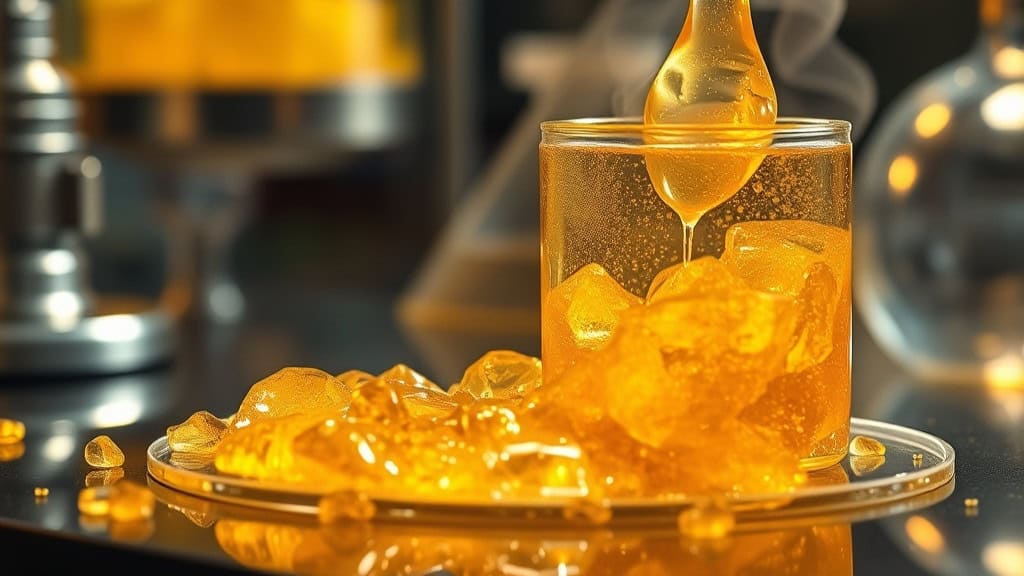 A glass filled with golden, translucent honey is surrounded by large amber-colored crystals on a dish. Honey drips from a spoon above the glass, with laboratory glassware softly blurred in the background, suggesting a scientific or artisanal setting.